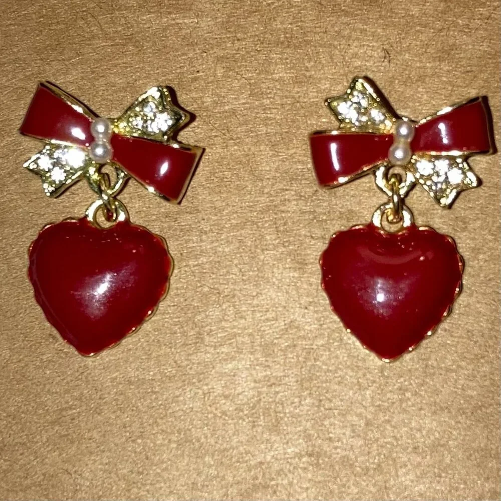 Red Bow Heart Pearl Stud Earrings Whimsy Coquette Kawaii Cocktail Love Jewelry